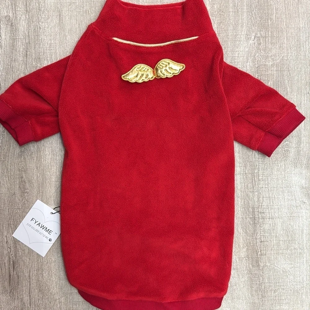 2024 RED FLEECE Dog Jacket w/ gold trim and attached gold wings NWT